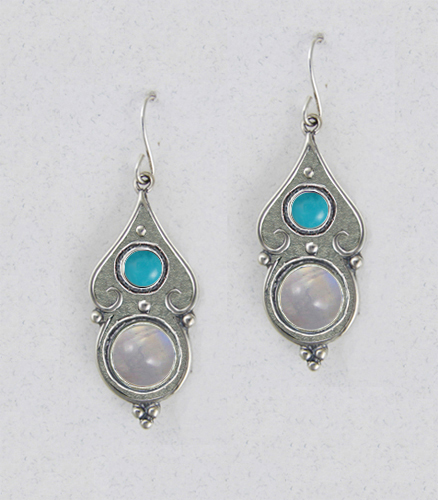 Sterling Silver Rainbow Moonstone And Turquoise Gemstone Drop Dangle Earrings